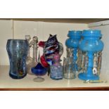 A GROUP OF ASSORTED GLASSWARE, comprising a pair of 19th century turquoise glass lustres, all