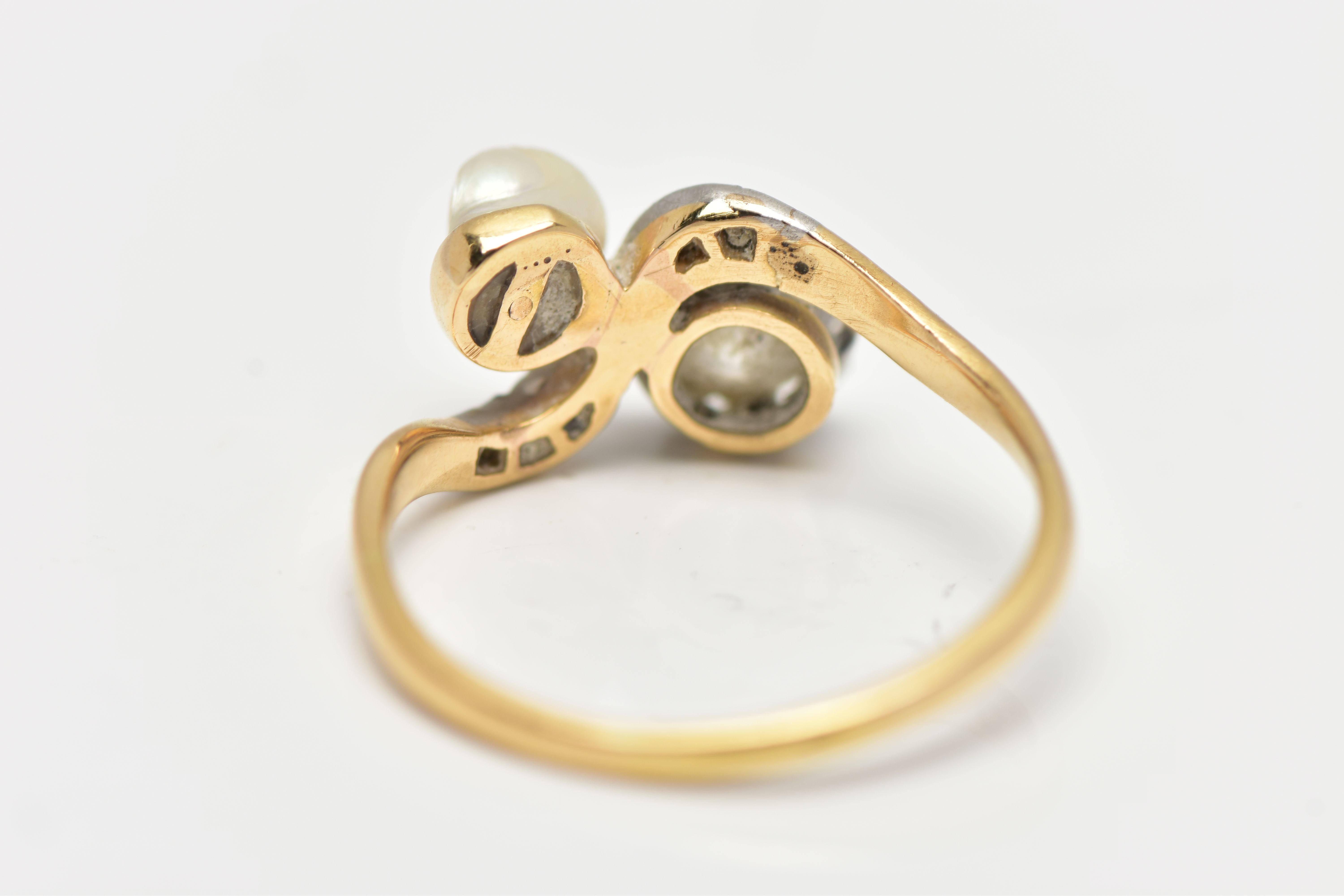 AN EARLY 20TH CENTURY 18CT GOLD DIAMOND AND PEARL DRESS RING, of crossover design, set with an early - Image 6 of 8