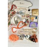 A BOX OF ASSORTED SILVER AND COSTUME JEWELLERY, to include a small AF 'Charles Horner' enamel