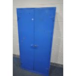 A BLUE PAINTED METAL TWO DOOR CABINET, width 92cm x depth 46cm x height 181cm (condition:-some dents