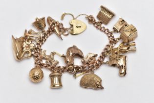 A 9CT YELLOW GOLD CHARM BRACELET, the curb link chain, with padlock clasp, suspending