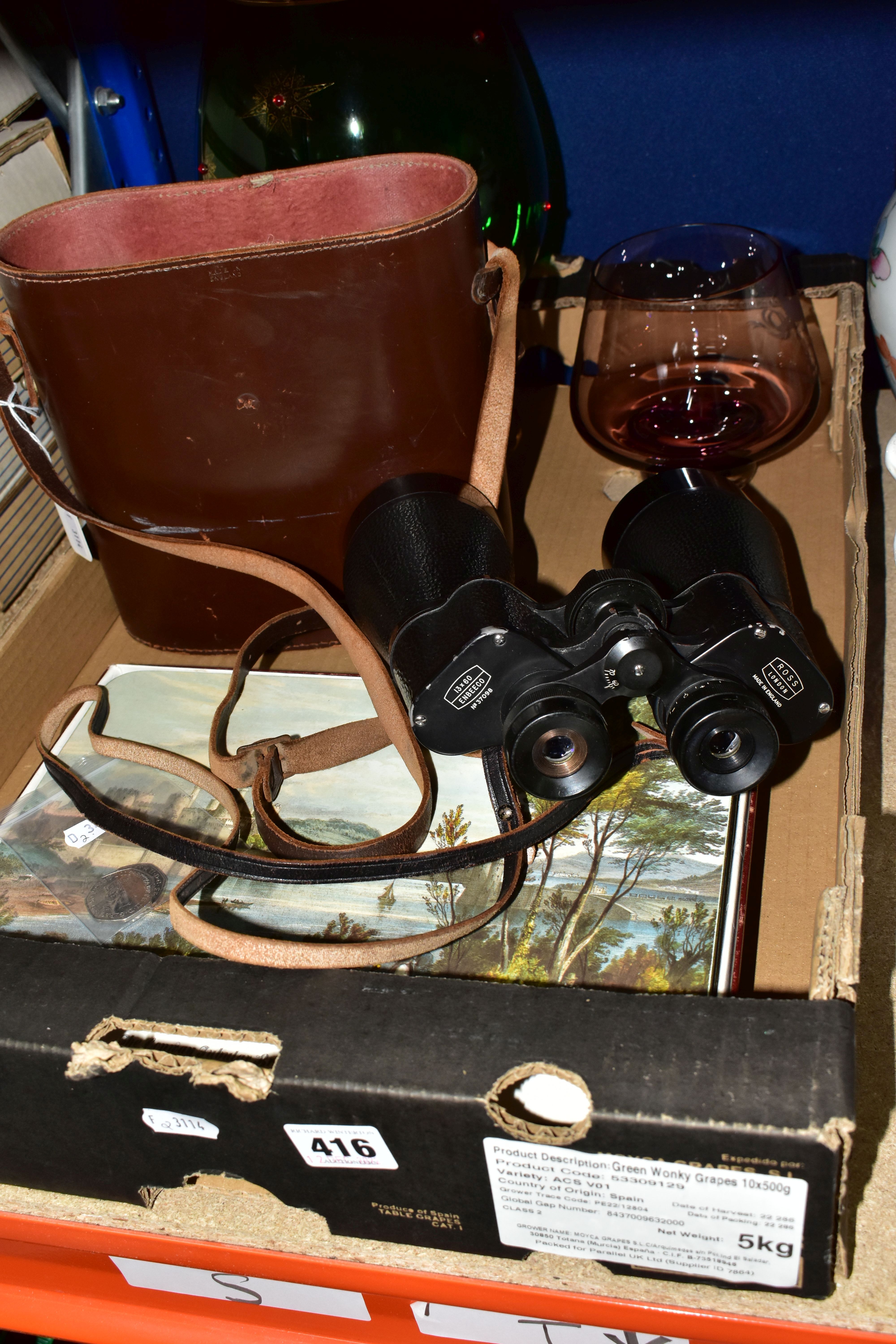A BOX OF BINOCULARS, GLASS WARES AND SUNDRY ITEMS, comprising a leather cased pair of Ross Enbeeco