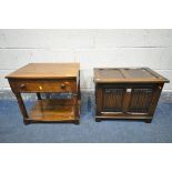 A SMALL OAK LINENFOLD BLANKET CHEST, width 54cm x depth 34cm x height 44cm, and a low oak side table