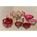 FIVE PIECES OF VICTORIAN CRANBERRY VASELINE GLASS, comprising a large Uranium Cranberry glass