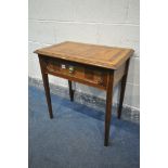 A REPRODUCTION OAK SIDE TABLE, with a single drawer, on square tapered legs, length 64cm x depth