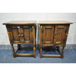 TWO SMALL REPRODUCTION OAK TWO DOOR CUPBOARDS, width 51cm x depth 32cm x height 68cm (condition:-
