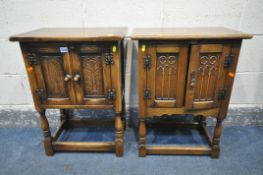 TWO SMALL REPRODUCTION OAK TWO DOOR CUPBOARDS, width 51cm x depth 32cm x height 68cm (condition:-