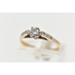 A YELLOW METAL SINGLE STONE DIAMOND RING, designed with a single claw set, round brilliant cut