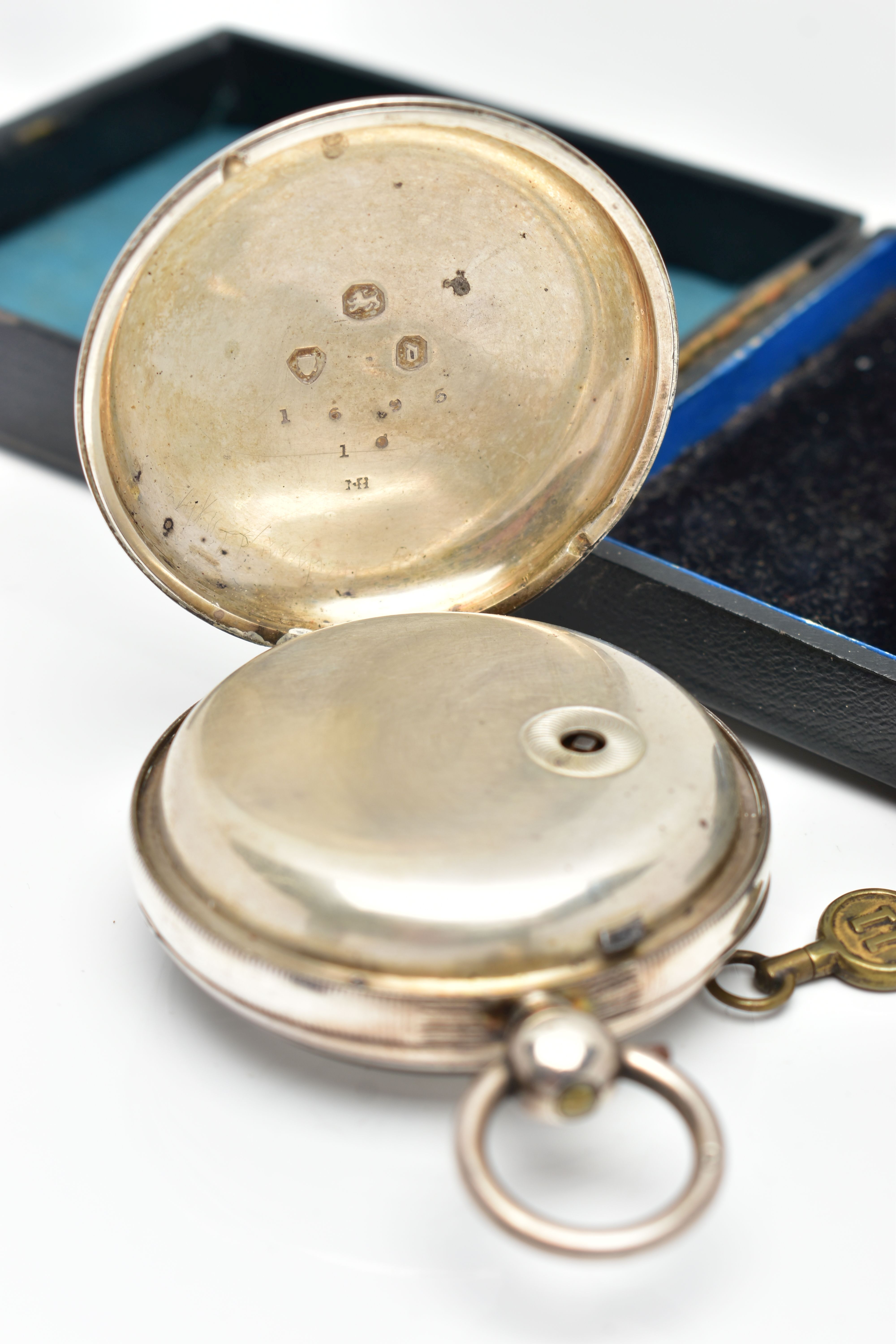 A CASED SILVER OPEN FACE POCKET WATCH, key wound, round cream dial signed 'Improved Patent', large - Image 4 of 8