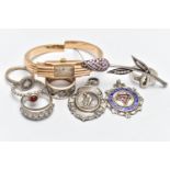 A BAG OF ASSORTED JEWELLERY, to include a gold plated ladies hinged watch, manual wind,
