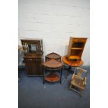 A PAIR OF MAHOGANY CORNER SHELVES, along with a circular tripod table, an oak nest of three