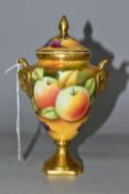 A COALPORT URN, hand painted by Joseph Mottram, signed and marked on base, 'Still Life Fruit' with