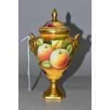 A COALPORT URN, hand painted by Joseph Mottram, signed and marked on base, 'Still Life Fruit' with