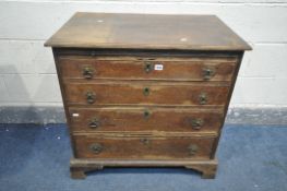 A 18TH CENTURY OAK BACHELORS CHEST OF FOUR GRADUATED DRAWERS, with a brushing slide, on bracket