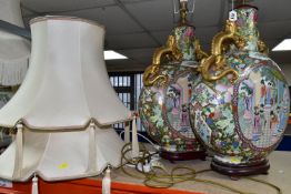 A PAIR OF LARGE ORIENTAL MOON VASE TABLE LAMPS, height 65cm to top of light fitting x width 38cm,