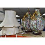 A PAIR OF LARGE ORIENTAL MOON VASE TABLE LAMPS, height 65cm to top of light fitting x width 38cm,