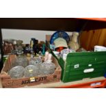 THREE BOXES OF CERAMICS AND GLASSWARE, including two early 20th century novelty porcelain gent's