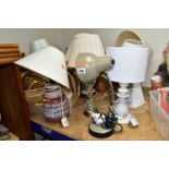 EIGHT ASSORTED TABLE LAMPS AND A QUANTITY OF WICKER BASKETS, the lamps mostly ceramic based, all