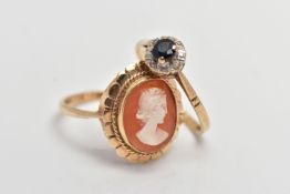 TWO 9CT GOLD RINGS, the first set with an oval carved shell cameo, depicting a lady in profile,