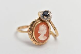 TWO 9CT GOLD RINGS, the first set with an oval carved shell cameo, depicting a lady in profile,