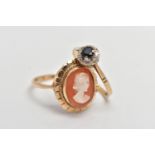 TWO 9CT GOLD RINGS, the first set with an oval carved shell cameo, depicting a lady in profile,