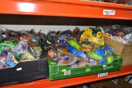 EIGHT BOXES OF MCDONALDS HAPPY MEALS TOYS, (MOSTLY SEALED), AND HAPPY MEAL PACKAGING, ETC, themes