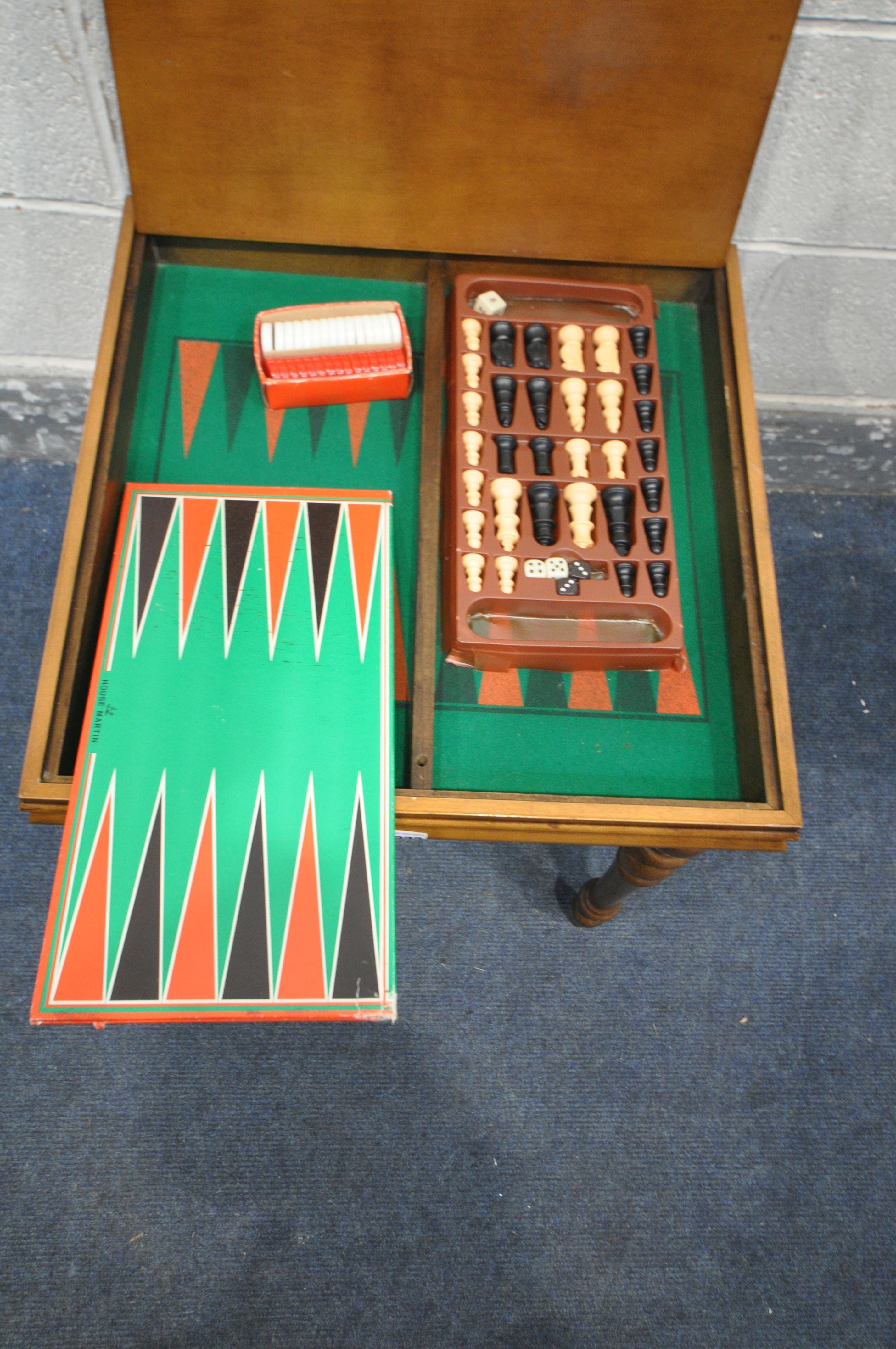 A MAHOGANY GAMES PLAYING TABLE, including chess and backgammon piece, 51cm cubed - Image 2 of 4