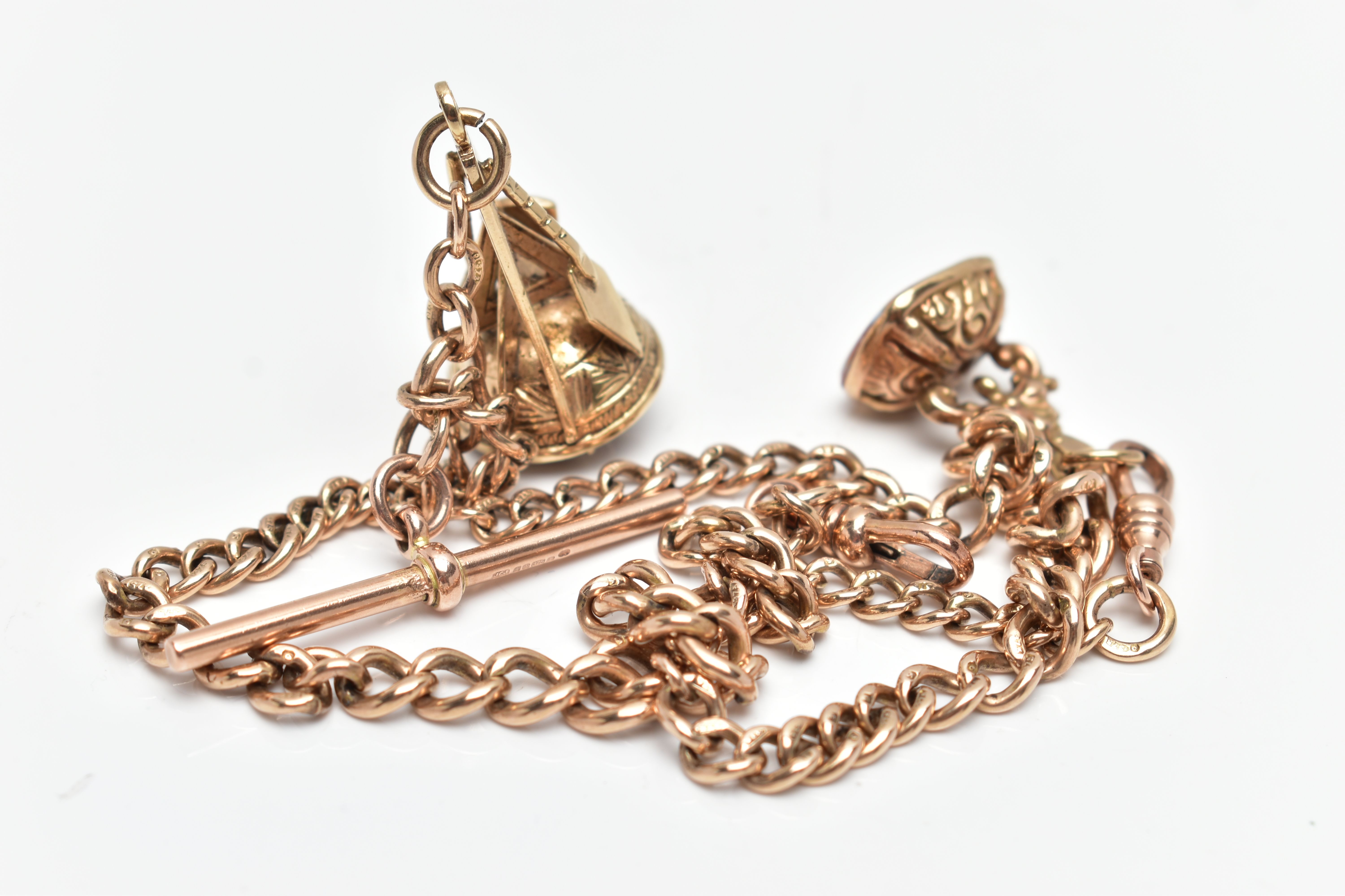 A 9CT YELLOW GOLD ALBERT CHAIN, the curb link chain with swivel lobster clasp and T bar, - Image 5 of 6