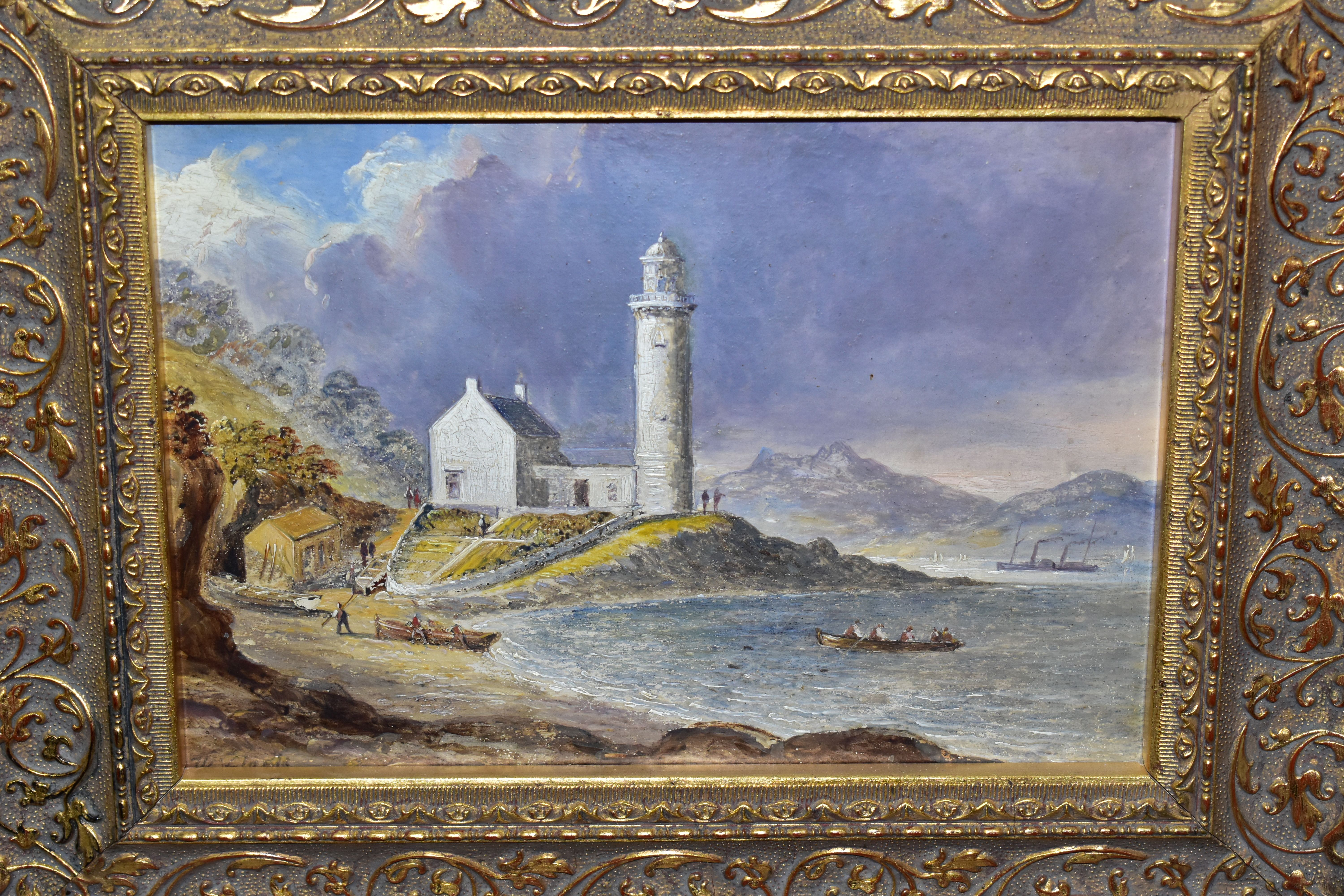 W. CLARK AN EARLY 20TH CENTURY COASTAL LANDSCAPE, a lighthouse stands overlooking a bay with a - Image 2 of 4