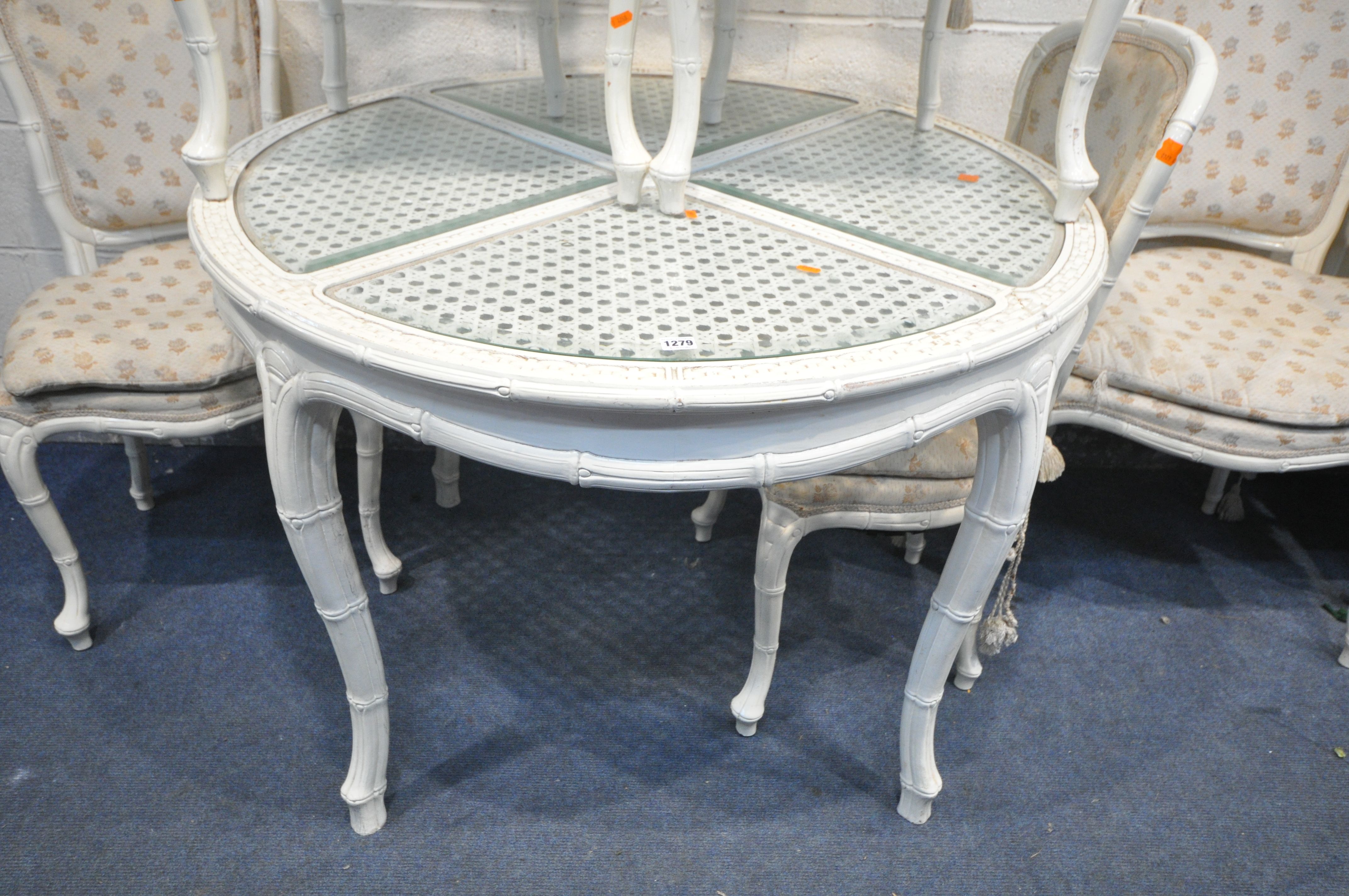 A CREAM FRENCH BAMBOO STYLE DINING SUITE, comprising a circular table, with glass inserts, - Image 4 of 5