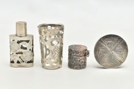 FOUR WHITE METAL ITEMS, to include a glass cup with an openwork white metal floral case,