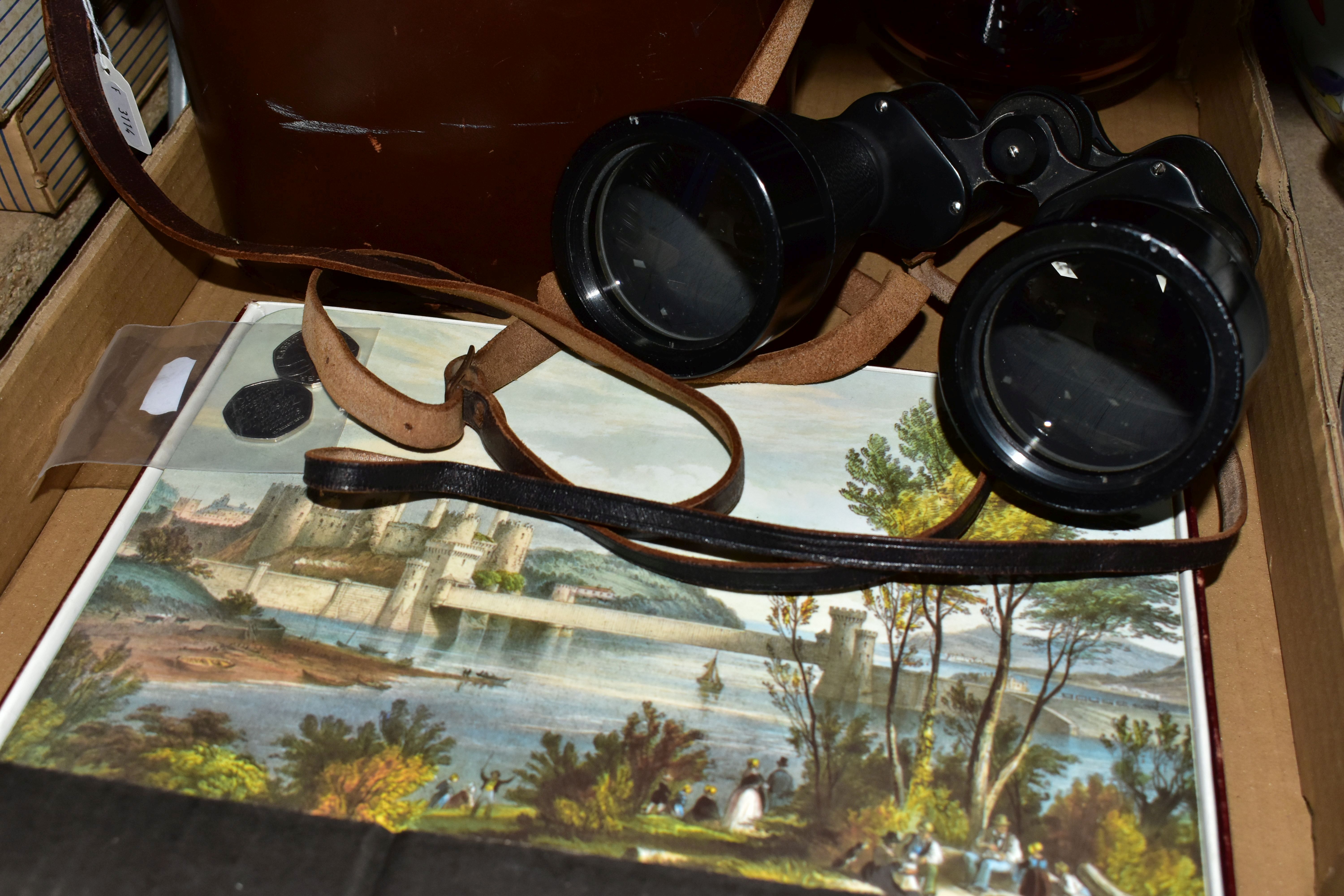 A BOX OF BINOCULARS, GLASS WARES AND SUNDRY ITEMS, comprising a leather cased pair of Ross Enbeeco - Image 3 of 6