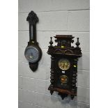 A LATE VICTORIAN WALNUT VIENNA WALL CLOCK, height 86cm, with one winding handle, and an aneroid