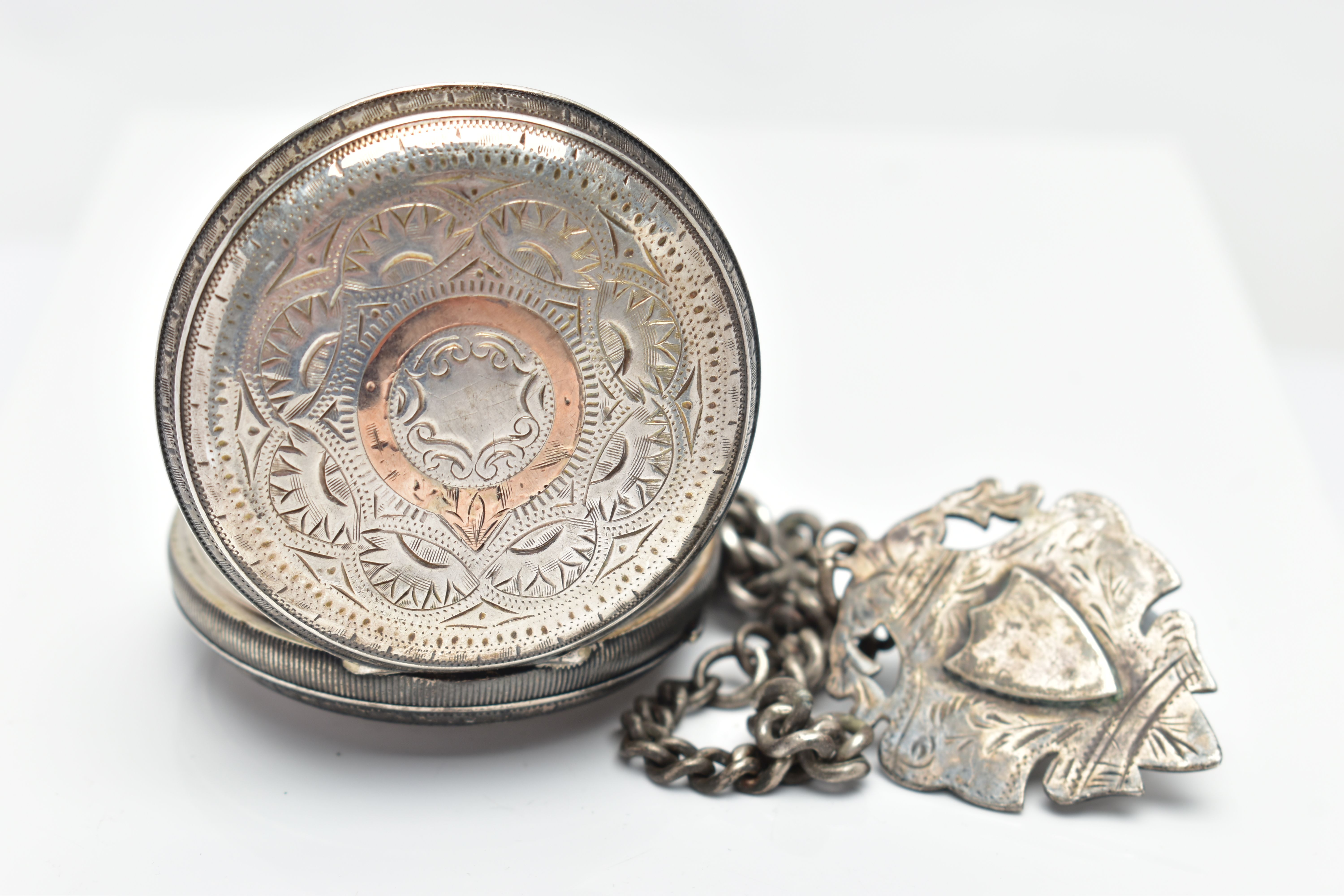 AN EARLY 20TH CENTURY OPEN FACE POCKET WATCH AND ALBERT CHAIN, the key wound pocket watch with a - Image 3 of 8