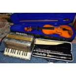 A CASED LIVINGSTONE SILVER PLATED FLUTE, A CASED 'THE STENTOR STUDENT I' VIOLIN WITH BOW AND A