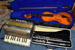 A CASED LIVINGSTONE SILVER PLATED FLUTE, A CASED 'THE STENTOR STUDENT I' VIOLIN WITH BOW AND A
