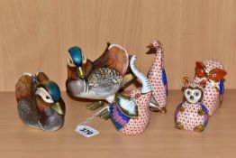 SIX ANIMAL AND BIRD FIGURES, comprising four Herend-style porcelain figures: an elephant, a duck, an