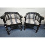 A PAIR OF EBONISED CARVED OAK TUB CHAIRS, with stripped fabric, with acanthus front legs, united