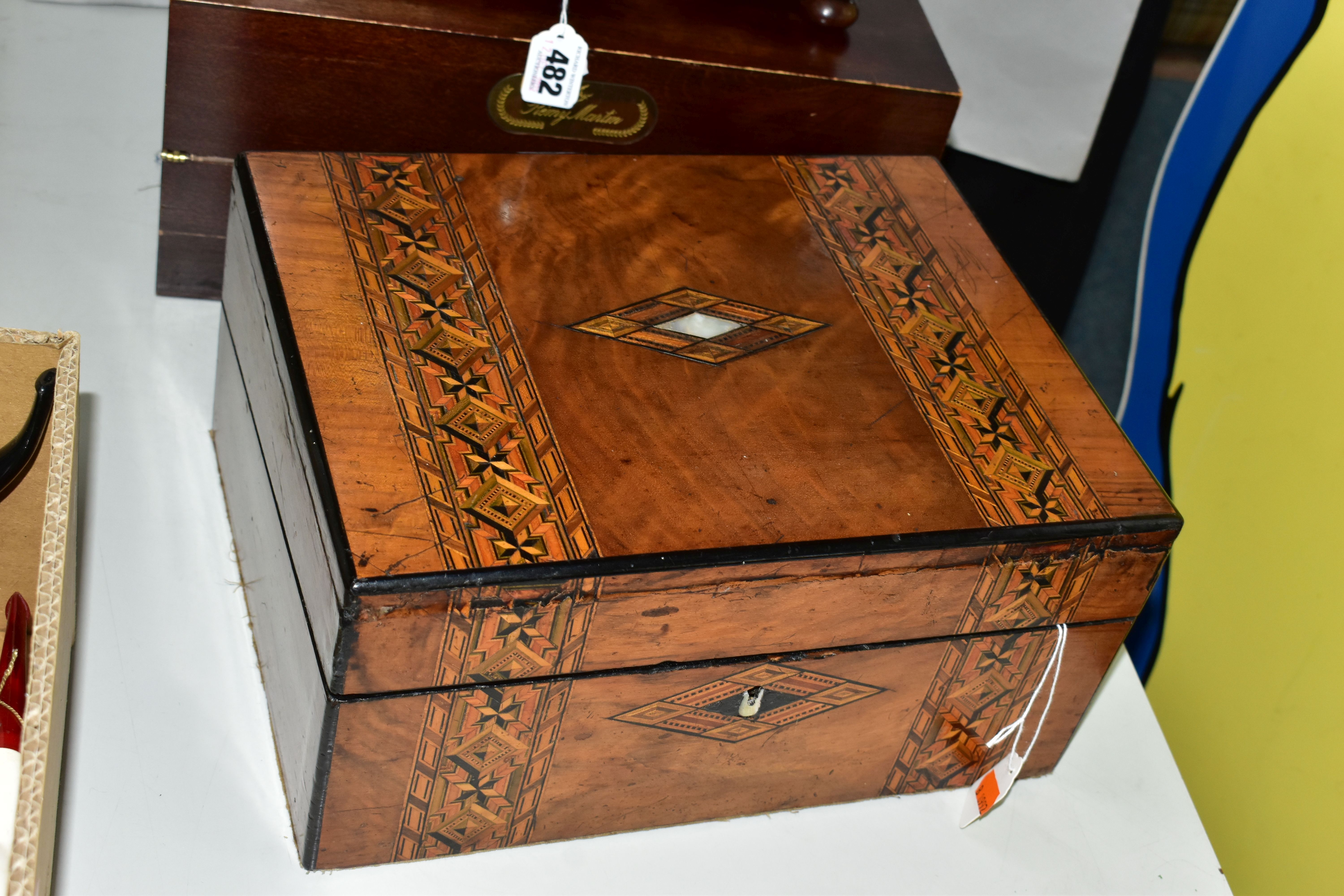A REGENCY ROSEWOOD TEA CADDY AND TWO WRITING SLOPES, the tea caddy of sarcophagus form supported - Image 2 of 9
