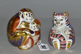 TWO ROYAL CROWN DERBY PAPERWEIGHTS, comprising Monkey and Baby height 9.5cm, and Tiger Cub height