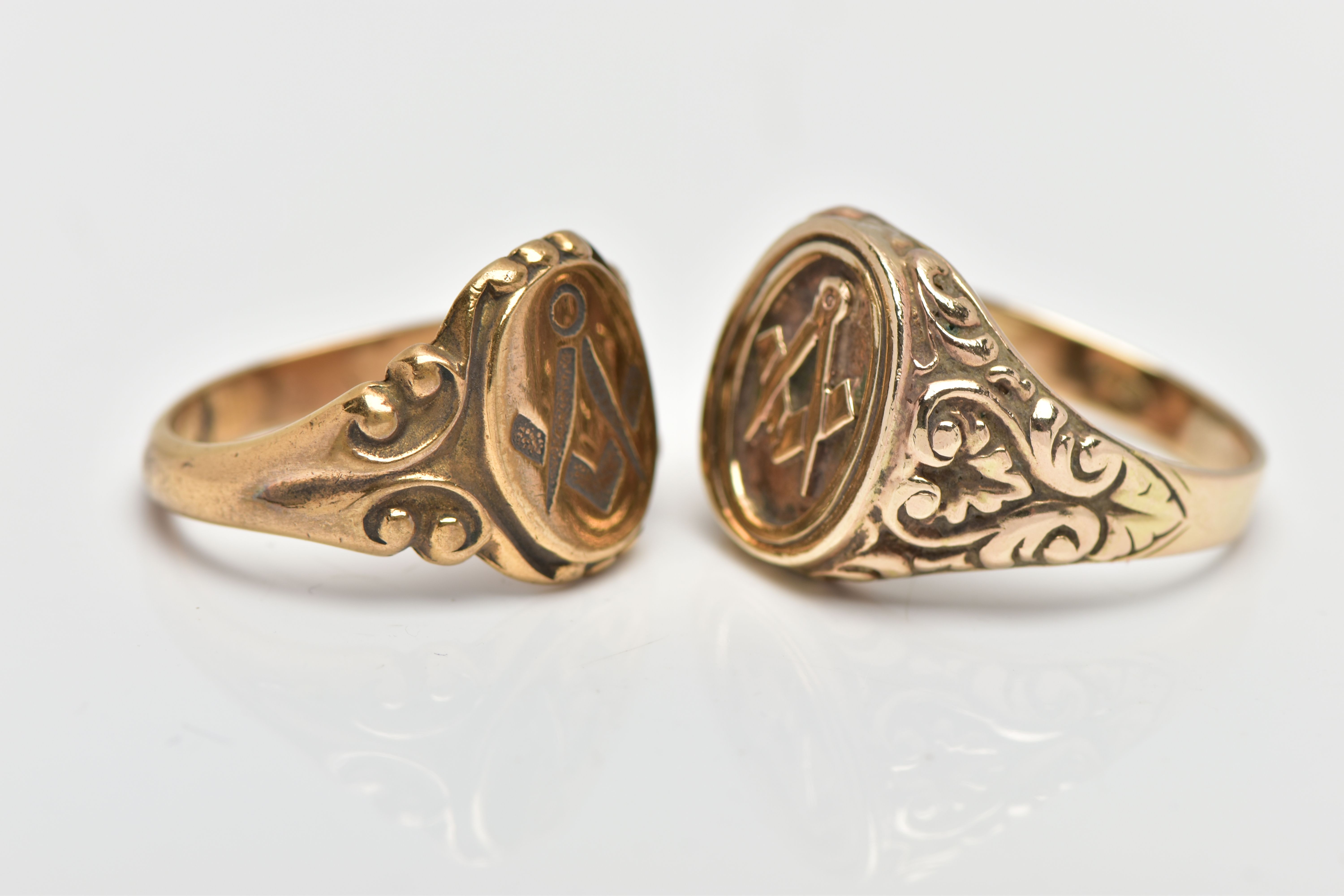 TWO MASONIC SIGNET RINGS, to include a 9ct yellow gold Masonic signet ring with scroll embossed - Image 2 of 4