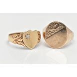 TWO 9CT GOLD SIGNET RINGS, to include a shield shape ring set with a single cut diamond,