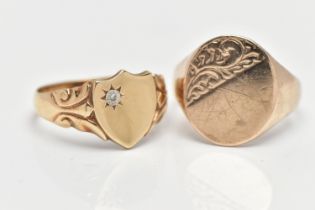 TWO 9CT GOLD SIGNET RINGS, to include a shield shape ring set with a single cut diamond,