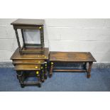 A 20TH CENTURY OAK RECTANGULAR STOOL, with foliate carving to top, on bobbin turned legs, length