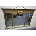 A REGENCY STYLE GILT FRAMED OVERMANTEL MIRROR, with triple bevelled mirrors, width 128cm x 84cm (