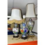 THREE JAPANESE STYLE TABLE LAMPS, comprising a crazed effect urn form lamp base decorated with