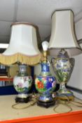 THREE JAPANESE STYLE TABLE LAMPS, comprising a crazed effect urn form lamp base decorated with