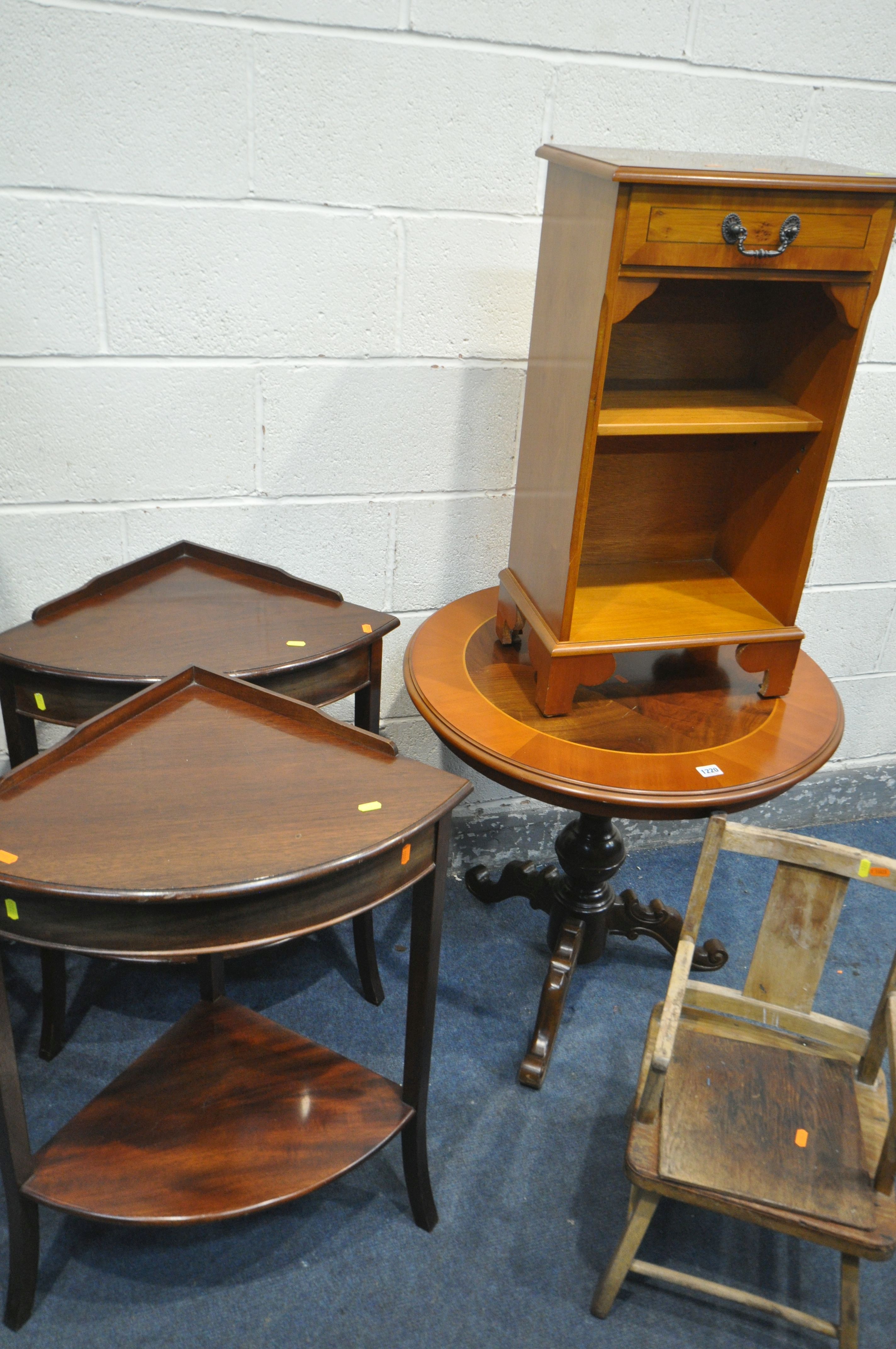 A PAIR OF MAHOGANY CORNER SHELVES, along with a circular tripod table, an oak nest of three - Image 2 of 3