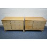 A PAIR OF MID CENTURY LIGHT OAK STAG CHEST OF SIX ASSORTED DRAWERS, on plastic casters, width 97cm x