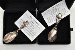 TWO BOXED IRISH SILVER COFFEE SPOONS, two small spoons featuring a shamrock to the terminals,